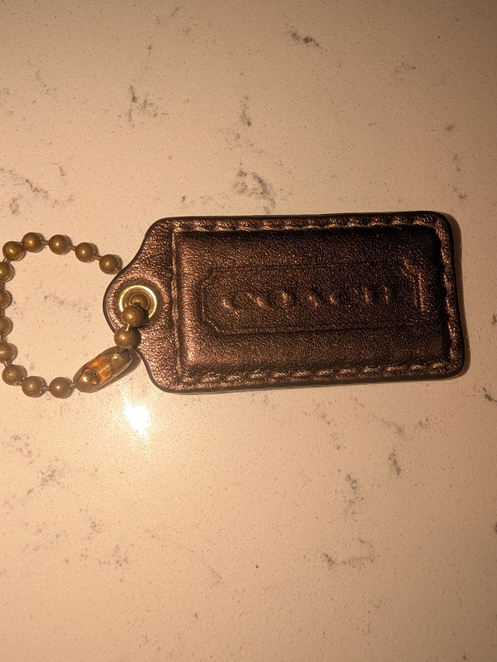 Coach Bronze Brown Leather Key Tag with Brass Ball Chain